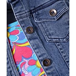 Babyhug Single Jersey Knit Floral Printed Frock With Full Sleeves Denim Jacket - Navy Blue