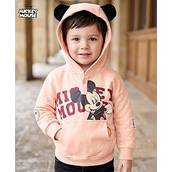 Babyhug Disney Full Sleeves Hooded Sweat Shirt With Mickey Mouse Graphic & 3D Applique - Peach