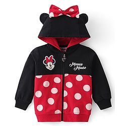 Babyhug Disney Knit Front Open Full Sleeves Sweatjacket With Minnie Mouse Graphics and Bow Detailing - Black & Red