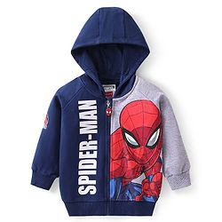 Babyhug Marvel Front Open Full Raglan Sleeves Hooded Sweat Shirt With Spider Man Graphic - Navy Blue