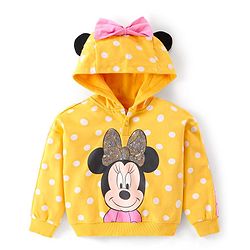 Babyhug Disney Cotton Knit Hooded Sweatshirt With Minnie Mouse Graphics & Sequin Bow Embroidery Detailing - Yellow