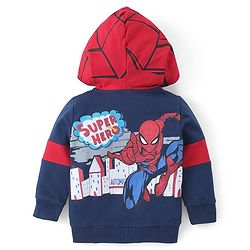 Babyhug Marvels Cotton Knit Full Sleeves Front Open Hooded Sweat Jacket with Zipper & Spider Man Graphics - Navy Blue & Red