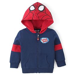 Babyhug Marvels Cotton Knit Full Sleeves Front Open Hooded Sweat Jacket with Zipper & Spider Man Graphics - Navy Blue & Red