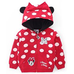 Babyhug Disney Knit Front Open Full Sleeves Sweat Jacket With Hood & Minnie Mouse Graphics - Red