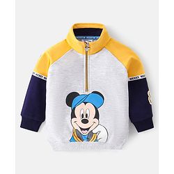 Babyhug Disney Cotton Knit Full Raglan Sleeves High Neck Sweatshirt With Mickey Mouse Graphics - Grey