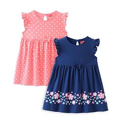 Babyhug Single Jersey Knit Sleeveless Frocks With Floral & Polka Dots Print Pack of 2 - Pink & Navy Blue