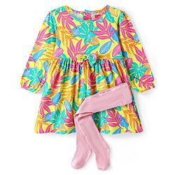Babyhug Single Jersey Knit Full Sleeves Floral Print Frock With Leggings - Lemon Yellow