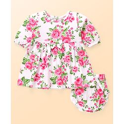 Babyhug Preemie Cotton Knit Full Sleeves Frock with Floral Print & Bloomer - White