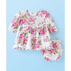 Babyhug Preemie Cotton Knit Full Sleeves Frock with Floral Print & Bloomer - White