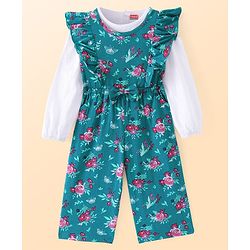 Babyhug Single Jersey Jumpsuit with Full Sleeves Inner Top Floral Print & Frill Detailing - Dark Green