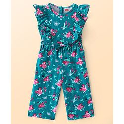 Babyhug Single Jersey Jumpsuit with Full Sleeves Inner Top Floral Print & Frill Detailing - Dark Green