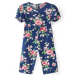 Babyhug Single Jersey Knit  Half Puffed Sleeves Floral Printed Jumpsuit with Bow Applique - Navy Blue
