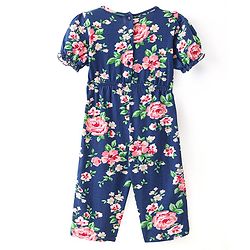 Babyhug Single Jersey Knit  Half Puffed Sleeves Floral Printed Jumpsuit with Bow Applique - Navy Blue