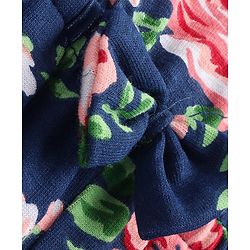 Babyhug Single Jersey Knit  Half Puffed Sleeves Floral Printed Jumpsuit with Bow Applique - Navy Blue