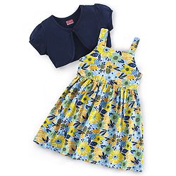 Babyhug Single Jersey Cotton Frock with Half Sleeves Jacket Floral Print - Navy Blue