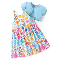 Babyhug Single Jersey Knit Floral Printed Frock With Half Sleeves Shrug - White