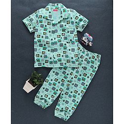 Babyhug Half Sleeves Night Suit Vehicle Print - Light Green