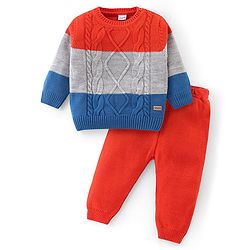 Babyhug Knitted Full Sleeves Sweater Set with Cable Knit Design - Red