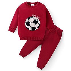 Babyhug Knit Full Sleeves Sweater Set with Football Design - Red