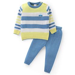 Babyhug Knitted Full Sleeves Sweater Set with Stripes & Patch Work Detailing - Multicolour
