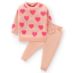 Babyhug Knitted Full Sleeves Sweater Set with Heart Design - Peach