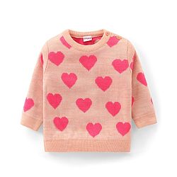 Babyhug Knitted Full Sleeves Sweater Set with Heart Design - Peach