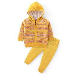 Babyhug Knitted Full Sleeves Front Open Hooded Sweater Set With Aztec Design - Mustard