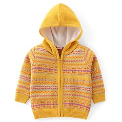Babyhug Knitted Full Sleeves Front Open Hooded Sweater Set With Aztec Design - Mustard
