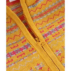 Babyhug Knitted Full Sleeves Front Open Hooded Sweater Set With Aztec Design - Mustard