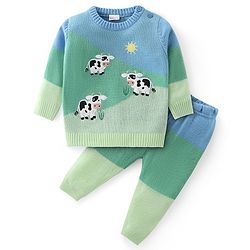 Babyhug Knit Full Sleeves Sweater Set with Colour Block Design & Moo Patch Detailing - Green