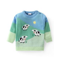 Babyhug Knit Full Sleeves Sweater Set with Colour Block Design & Moo Patch Detailing - Green