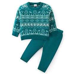 Babyhug Knitted Full Sleeves Sweater Set with Aztec Design - Green