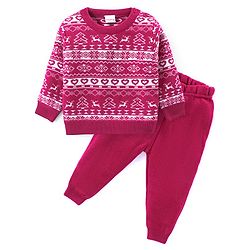 Babyhug Knit Full Sleeves Sweater Set with Reindeer Design - Pink