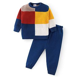 Babyhug Knitted Full Sleeves Sweater Set with Colour Block Design - Multicolour