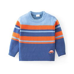 Babyhug Knit Full Sleeves Sweater Set with Car Design - Orange & Blue