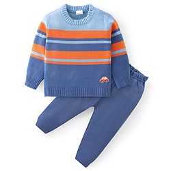 Babyhug Knit Full Sleeves Sweater Set with Car Design - Orange & Blue