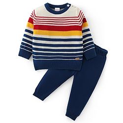 Babyhug Knitted Full Sleeves Sweater Set with Stripes Design - Navy Blue