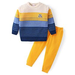 Babyhug Knitted Full Sleeved Pullover Striped  Sweater Set - Yellow  Blue & White