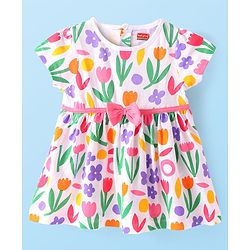Babyhug Single Jersey Knit Half Sleeves Frock With Floral Print & Stocking - White