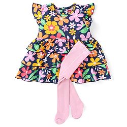 Babyhug Single Jersey Knit Frill Sleeves Floral Printed Layered Frock With Leggings - Navy