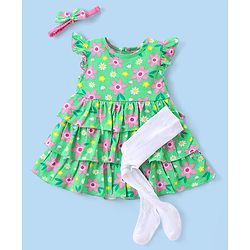 Babyhug Single Jersey Sleeveless Layered Frock with Legging & Hairband Floral Print - Green