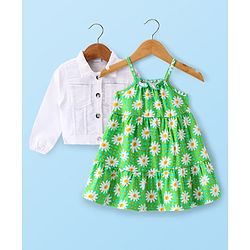 Babyhug Single Jersey Knit Full Sleeves Jacket & Floral Printed Frock - Green & White