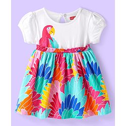 Babyhug Single Jersey Knit Short Puffed Sleeves Frock with Parrot Print - White