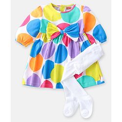 Babyhug Single Jersey Knit Half Sleeves Frock with Stockings Polka Dots Print & Bow Applique - White