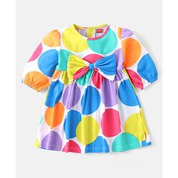 Babyhug Single Jersey Knit Half Sleeves Frock with Stockings Polka Dots Print & Bow Applique - White