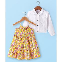 Babyhug Single Jersey Knit Floral Printed Frock with Full Sleeves Solid Colour Jacket - White & Yellow