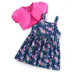 Babyhug Cotton Knit Singlet Frock With Half Sleeves Jacket & Floral Print - Navy
