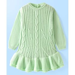 Babyhug Knitted Full Sleeves a Line Dress with Cable Knit Design & Frill Detailing at Hem - Green