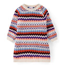 Babyhug Knit Full Sleeves Sweater Dress Aztec Design - Red & Blue