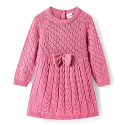 Babyhug Knitted Full Sleeves Pullover Woollen Dress With Cable Knit Design & Bow Applique - Pink